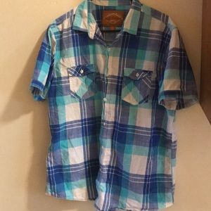 Blue, teal, and white flannel button down